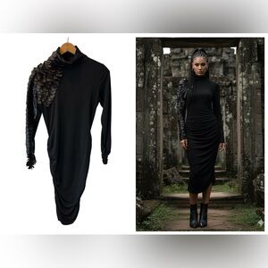 Black Mock Neck Bodycon Dress with Dragon Scale Detailing.
